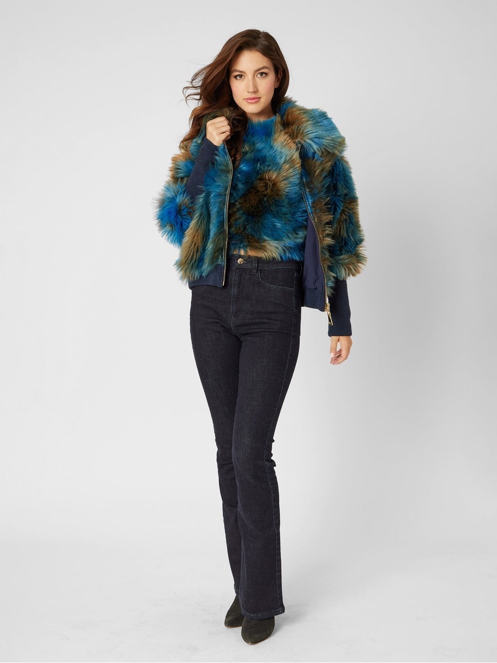 Adrienne Landau Faux Fur Bomber Jacket in blue green multi - Picture 3 of 5